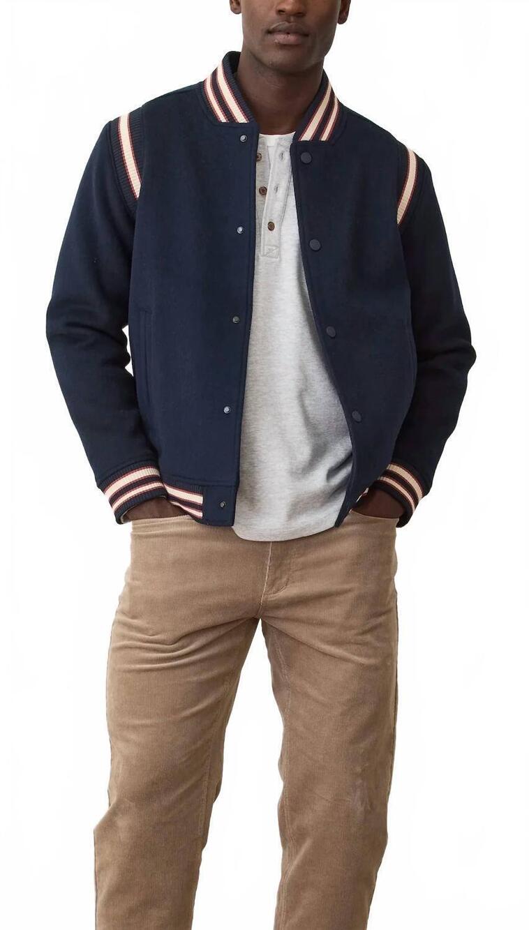 NEW MARINE LAYER fields wool varsity jacket in sky captain